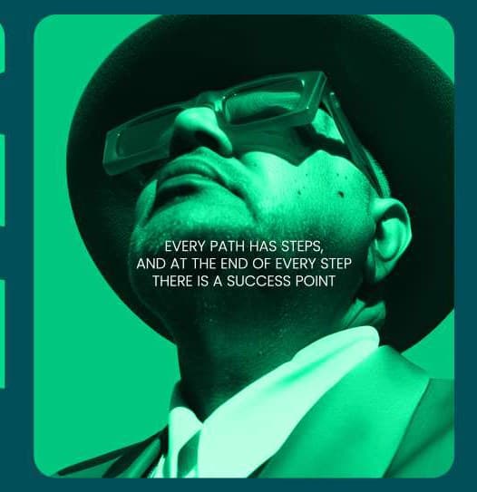A man looking up toward his goal — every path has its steps, and at the end of each step a point of success